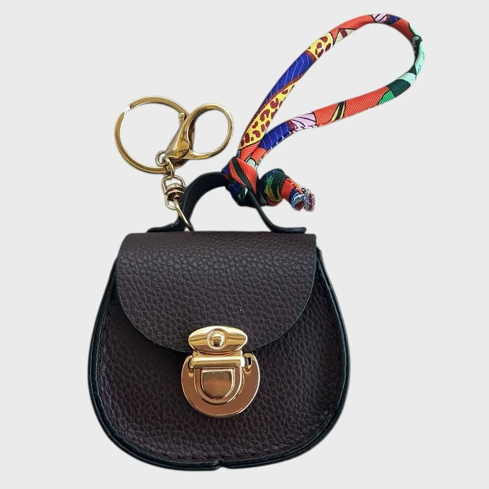 Mini Purse Charm Keychain Brown Faux Leather AirPods Case Bag Charm